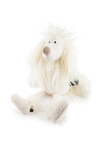 Plush white poodle toy with long fluffy fur, large nose, and googly eyes sitting against a white background.