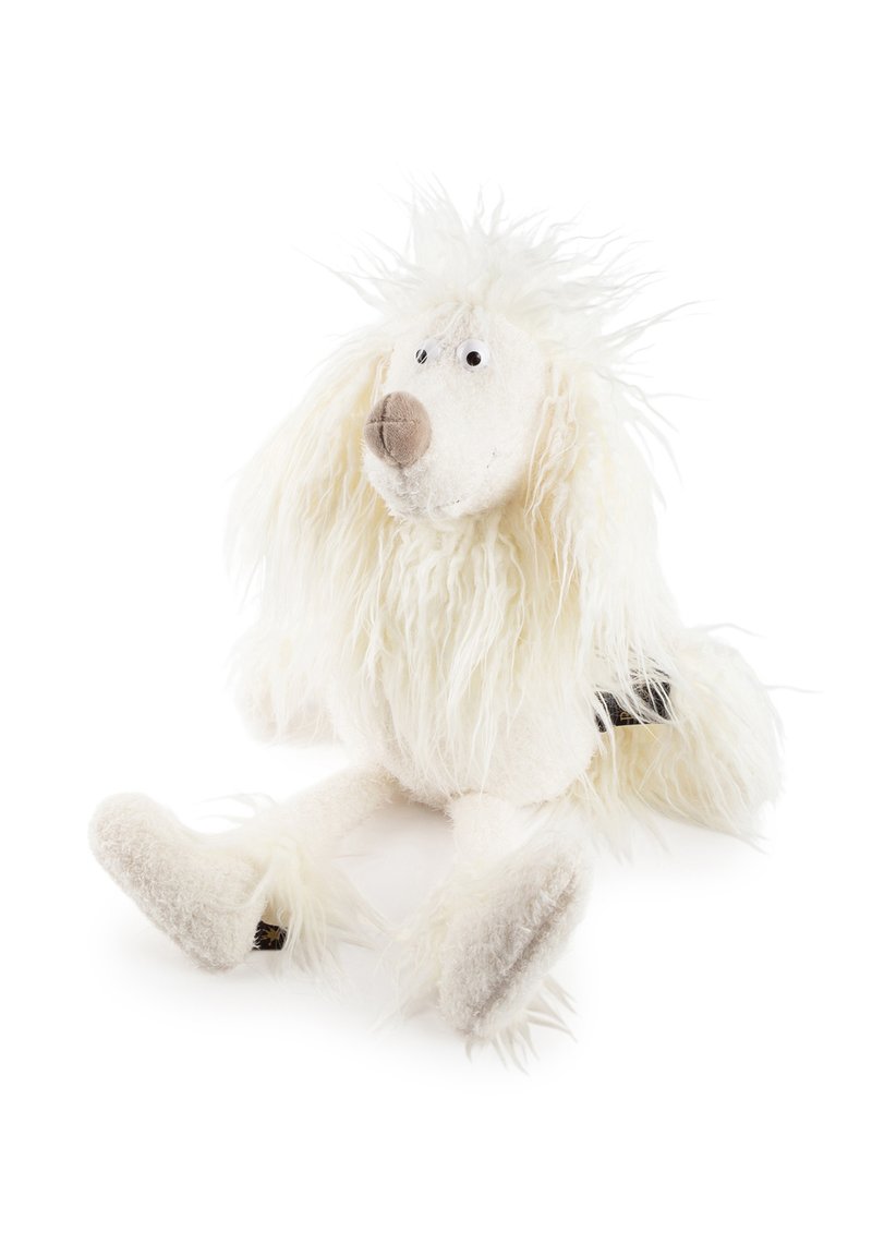 Plush white poodle toy with long fluffy fur, large nose, and googly eyes sitting against a white background.