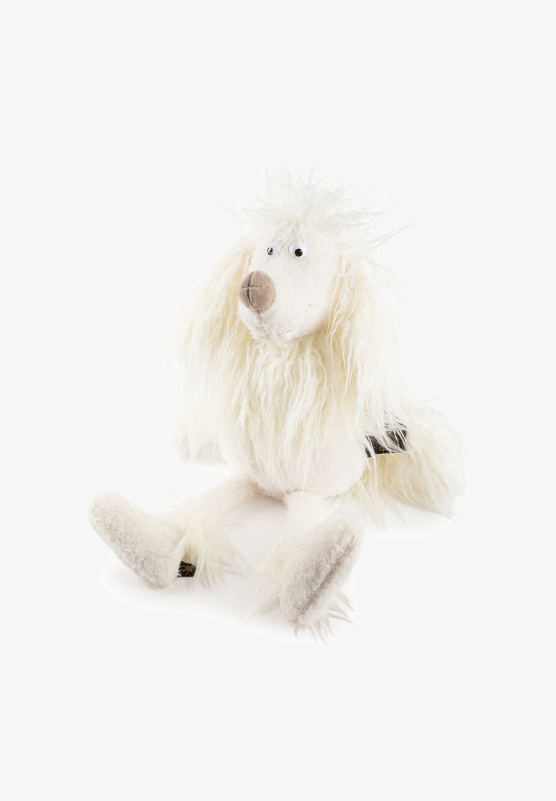 Plush white poodle toy with long fluffy fur, large nose, and googly eyes sitting against a white background.