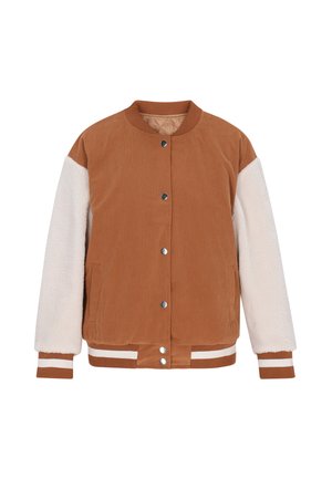 Braune Cordjacke mit kontrastierenden weißen Fleece-Ärmeln, Druckknöpfen sowie gestreiften Rippbündchen und Saum. Verfügt über Seitentaschen.