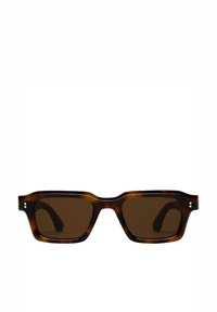 Lunettes de soleil en écaille de tortue avec une monture carrée, verres teintés bruns et finition lisse. Présente de petits points décoratifs sur les branches.