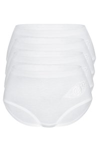 Witte katoenen slips in een verpakking van vier, met een klein geborduurd ontwerp aan de voorkant en een soepele tailleband. Klassieke volledig bedekkende stijl.