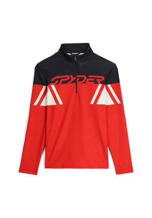Camicia a maniche lunghe rossa e blu navy con dettagli bianchi a forma triangolare e logo "SPYDER" sul davanti; realizzata in tessuto morbido e elasticizzato.