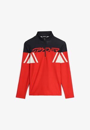 Red and navy long-sleeve zip-up shirt with triangular white accents and "SPYDER" logo on the front; made of smooth, stretch fabric.