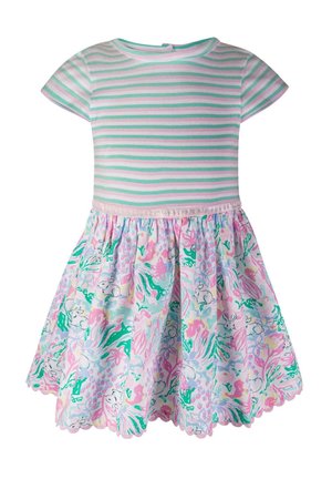 Sukienka w paski z krótkim rękawem, dopasowanym gorsetem i rozkloszowaną spódnicą. Wielokolorowy kwiatowy wzór z króliczkami, falbaniasty dół i materiał z bawełnianej mieszanki.