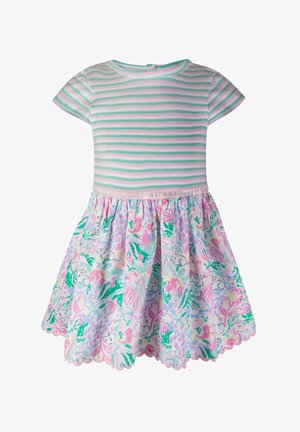 Robe à manches courtes rayée avec un corsage ajusté et une jupe évasée. Motif floral multicolore avec des lapins, ourlet en feston et tissu en mélange de coton.