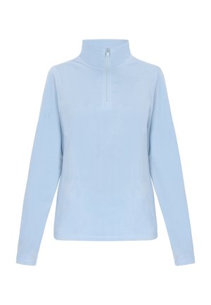 Lichtblauwe fleece pullover met een hoge kraag, ritssluiting bij de hals, lange mouwen en een zachte textuur. Glad afgewerkt zonder patronen of accenten.