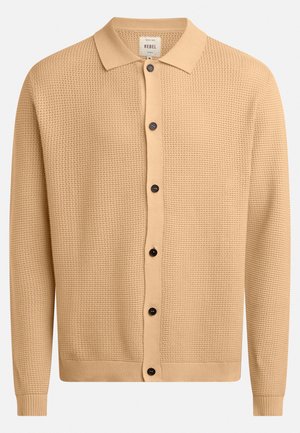 Beige strikket cardigan med struktur, med krave og seks brune knapper foran, lange ærmer samt ribstrikkede manchetter og kant.
