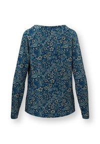 Langarmshirt van donkerblauwe stof met een bloemenpatroon in crèmekleurige en lichtblauwe tinten. Ronde halslijn met een ontspannen pasvorm.
