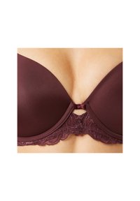 Mauve padded bra with lace trim and a small decorative hook at the center. Smooth texture on the cups and intricate lace detailing below.