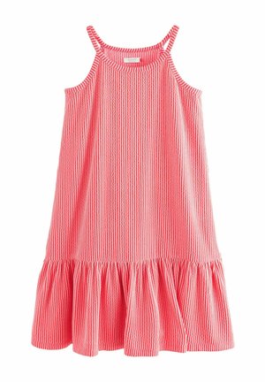 Beżowa sukienka w różowe i białe paski bez rękawów, z cienkimi ramiączkami i falbaną na dole.