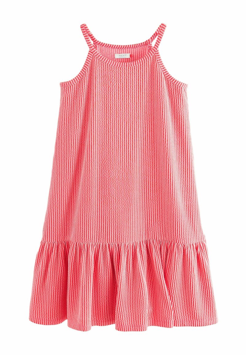 Robe sans manches à rayures roses et blanches avec de fines bretelles et un ourlet froncé en bas.