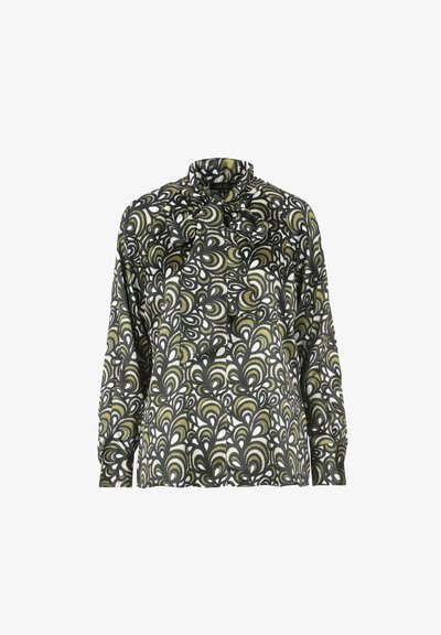 Långärmad blus i svart tyg med ett grönt och vitt abstrakt mönster, med hög krage och en binddetalj vid halsen.