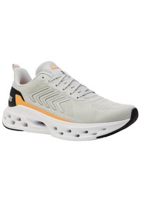 Sportovní boty s horní částí z lehké šedé síťoviny, oranžovými akcenty, černou gumovou podrážkou a polstrovaným límcem. Disponují výrazným polstrováním a systémem šněrování.