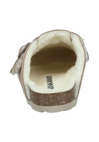 Cork-soled slipper with a soft, cream-colored wool lining, pinkish-brown suede upper, and a side strap for securing the foot.