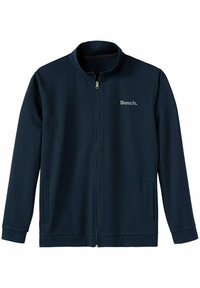 Navy zip-up jacket gemaakt van zachte stof met een staande kraag. Beschikt over zijzakken en een logo-print op de linkerkant van de borst.