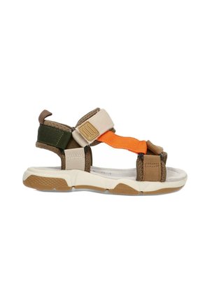 Sandalia multicon tiras en marrón y beige con un acento naranja y suela de goma texturizada; cuenta con tiras ajustables de Velcro para un mejor ajuste.