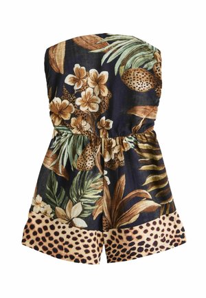 Kombinezon bez ramiączek w kwiatowy wzór z elastycznym pasem, z granatowym tłem, tropikalnymi liśćmi i lamparcim printem na krawędzi.