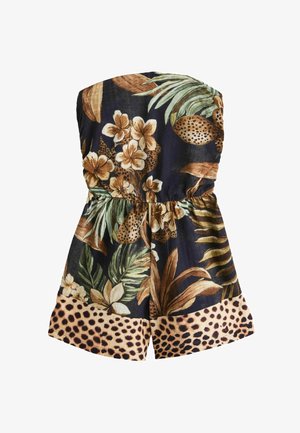 Trägerloser Jumpsuit mit Blumenmuster und elastischem Taillenbund, mit marineblauem Hintergrund, tropischen Blättern und einem Saum mit Leopardenmuster.