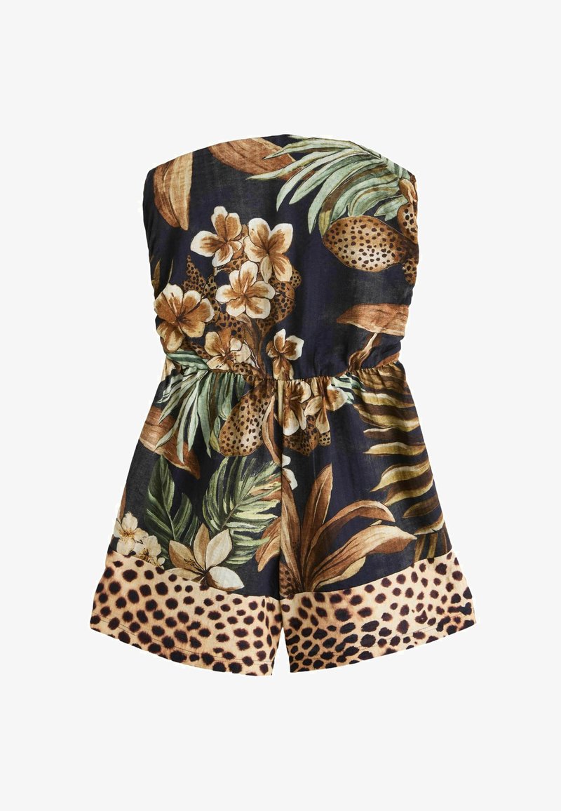 Lillelise mustriga rihmadeta kombekas elastse vöökohaga, tumesinise tausta, troopiliste lehtede ja leopardiprintsi äärega.