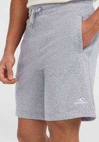 Grå bomuldsblandede shorts med elastisk talje og snoretræk. Har sidelommer og hvidt logo på venstre underben. Glat tekstur.