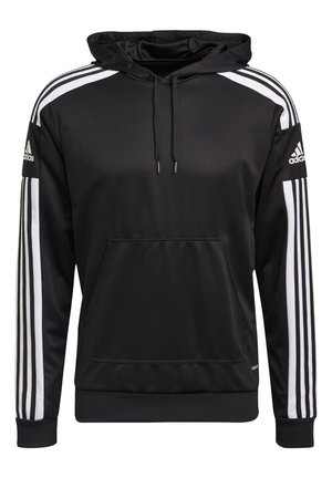Sweat à capuche Adidas noir avec des rayures blanches sur les manches, une poche avant, des cordons et le logo Adidas sur les deux bras supérieurs.