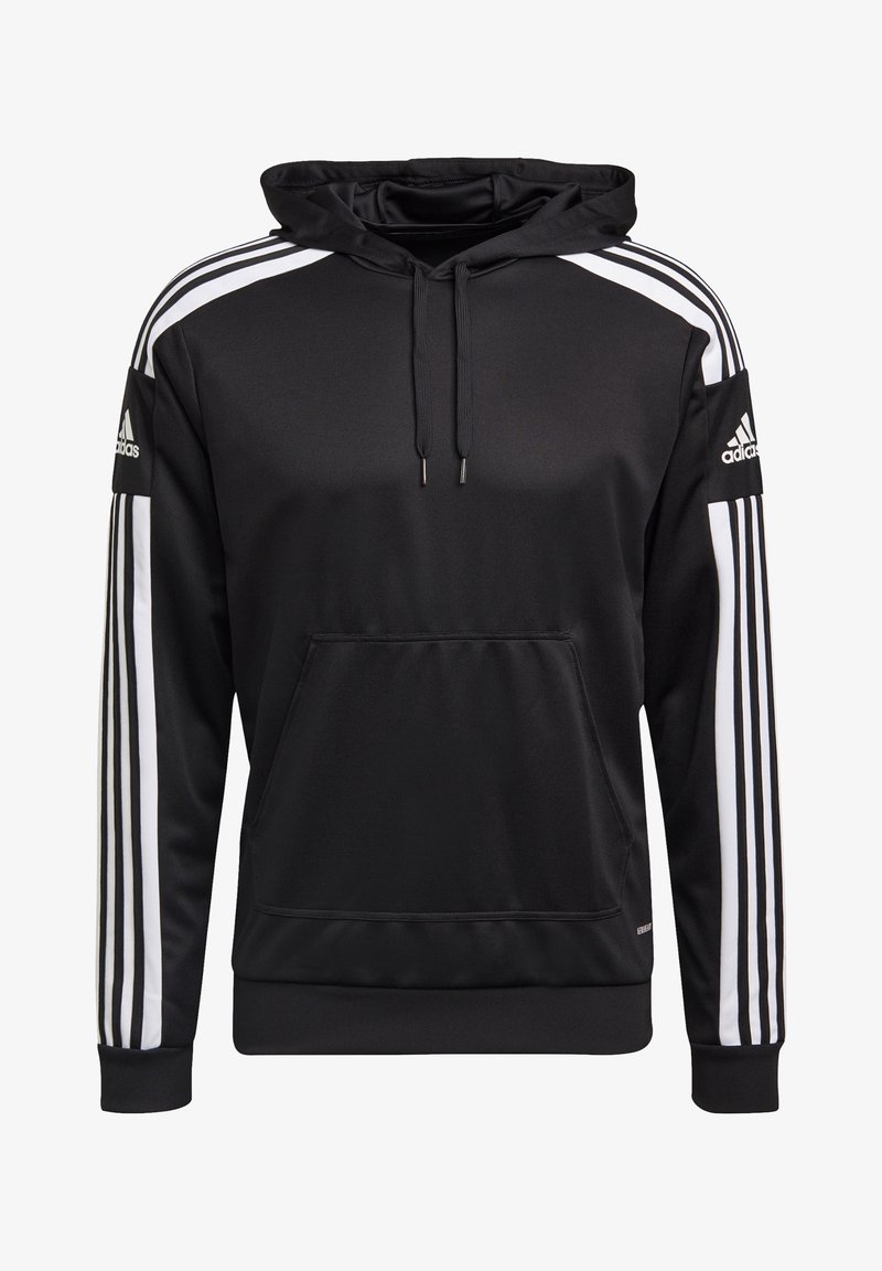 Sweat à capuche Adidas noir avec des rayures blanches sur les manches, une poche avant, des cordons et le logo Adidas sur les deux bras supérieurs.