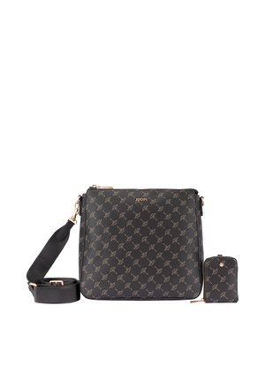 Borsa a tracolla nera e piccolo pochette abbinato con motivo chiaro e accessori color oro, inclusa tracolla regolabile e chiusure con cerniera.