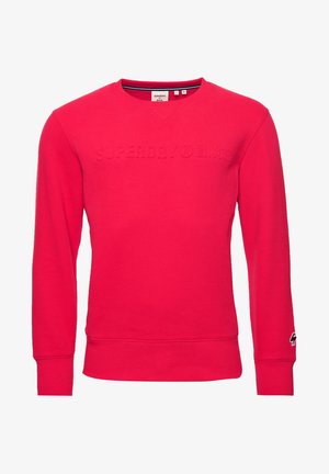 Jasně červená mikina s kulatým výstřihem, dlouhými rukávy, žebrovanými manžetami a lemem, s jemně vystouplým logem "Superdry" přes hrudník.