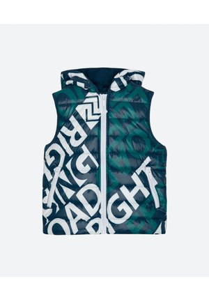 Polstret vest med hætte, der har en kombination af mørkegrøn og marineblå farver, stor hvid grafisk tekst og lynlåslommer i siderne.