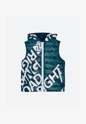 Padded vest with a hood, featuring a mix of dark green and navy colors, large white graphic text, and zippered side pockets.