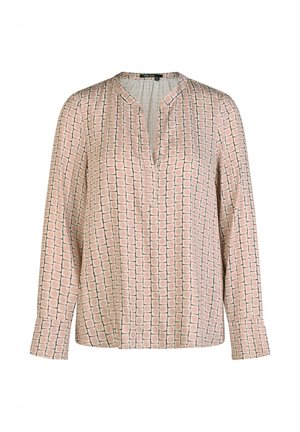 Long-sleeve blouse with pink and beige geometric square pattern, V-neck with short collar, and wide cuffs on white background.