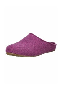 Měkké fialové plstěné pantofle na slip-on s nízkým zádovým dílem a hnědou gumovou podrážkou, určené pro domácí použití.