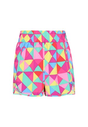 Bunte Badekshorts mit einem geometrischen Muster in Pink, Gelb, Grün und Blau. Elastischer Bund und Seitentaschen.
