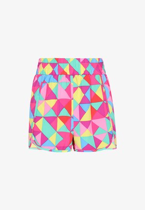 Színes fürdőnadrág, melyen geometrikus mintázat látható pink, sárga, zöld és kék színekben. Rugalmas derék és oldalzsebek.