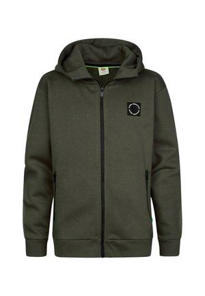 Donkergroene hoodie met ritssluiting, voorzakken en een klein zwart vierkant logo op de linkerborst.