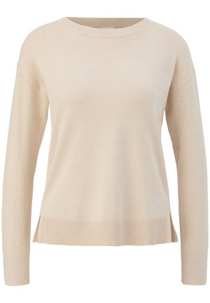 Beige gebreide trui met een ronde hals, lange mouwen en een geribbelde zoom. Voorzien van zijsplitten en een zachte, gladde textuur.