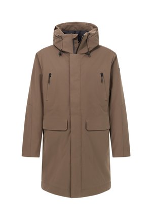 Parka marrón resistente al agua con capucha, cierre de cremallera, dos bolsillos delanteros y corte recto. Textura lisa con detalles mínimos.