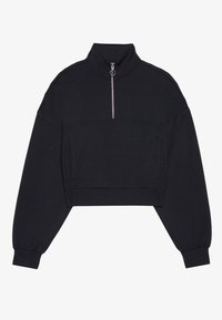 Black cropped pullover with a high collar, half-zip closure, and long, slightly puffed sleeves. Soft fabric with a smooth texture.