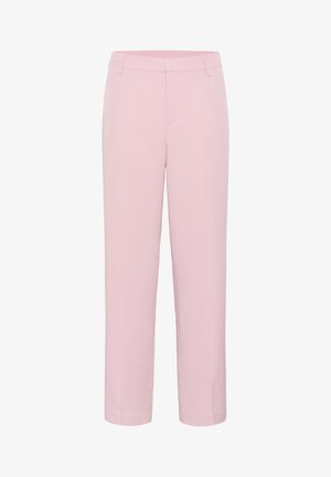Light pink tailored pants made of smooth fabric, featuring a straight leg design and a flat front with belt loops.