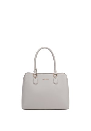 Sac à main structuré gris clair avec doubles poignées, quincaillerie dorée et petit nom de marque embossé centré sur le devant.