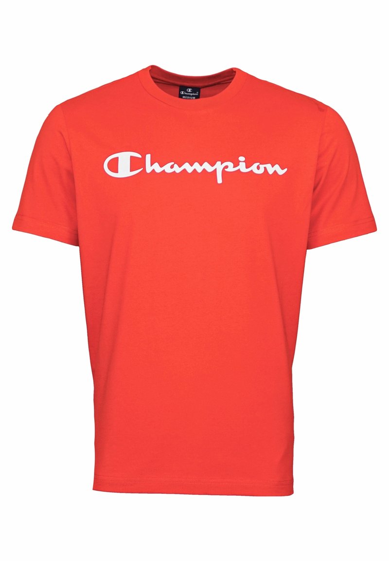 T-shirt rouge à manches courtes avec le logo blanc "Champion" imprimé sur la poitrine et un col rond.