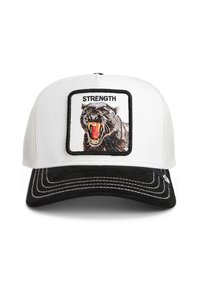 Gorra blanca con visera de ante negra, que presenta un gráfico de pantera bordado y el texto "FUERZA" dentro de un contorno cuadrado.