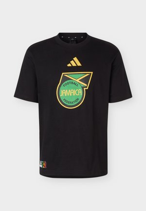 Sort Adidas t-shirt med Jamaica Football Federation-logo i grøn og gul på fronten midt.