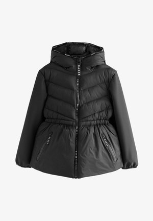 Mustmust tömb-jahe kapuutsiga, millel on tikitud paneelid, tõmblukk ees, elastne vöökoht ja kaks küljetaskut, millel on peen logo detail.