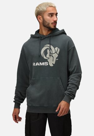 Charcoal gray hoodie with drawstrings, front pocket, and white graphic of a ram's head with "RAMS" text below. Soft, cotton material.