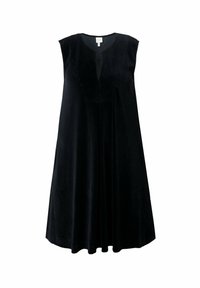 Schwarzes ärmelloses Corduroykleid mit V-Ausschnitt, vertikaler Ripptextur und fließender A-Linien-Silhouette. Keine sichtbaren Beschläge oder Akzente.
