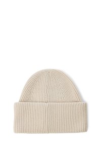 Knitted beanie in a light beige hue, featuring a ribbed texture and a folded cuff design. Soft, elastic material for warmth and comfort.