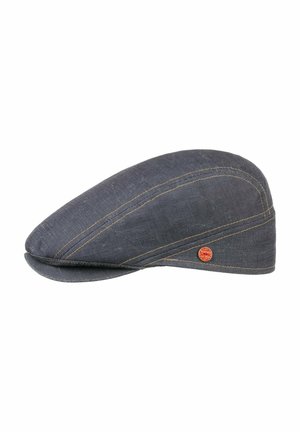 Dark gray flat cap with beige stitching and a small round red emblem on the side, isolated on a white background.