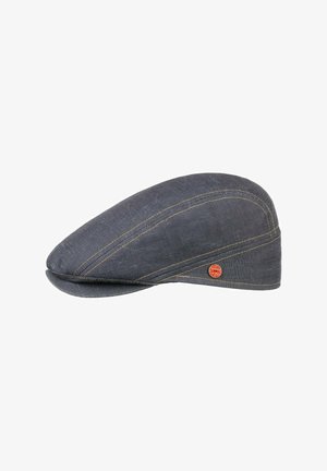 Dark gray flat cap with beige stitching and a small round red emblem on the side, isolated on a white background.
